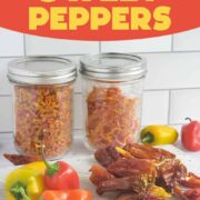 Mason jars of dehydrated sweet pepper dices, slices and whole on a wooden surface with fresh peppers in the foreground