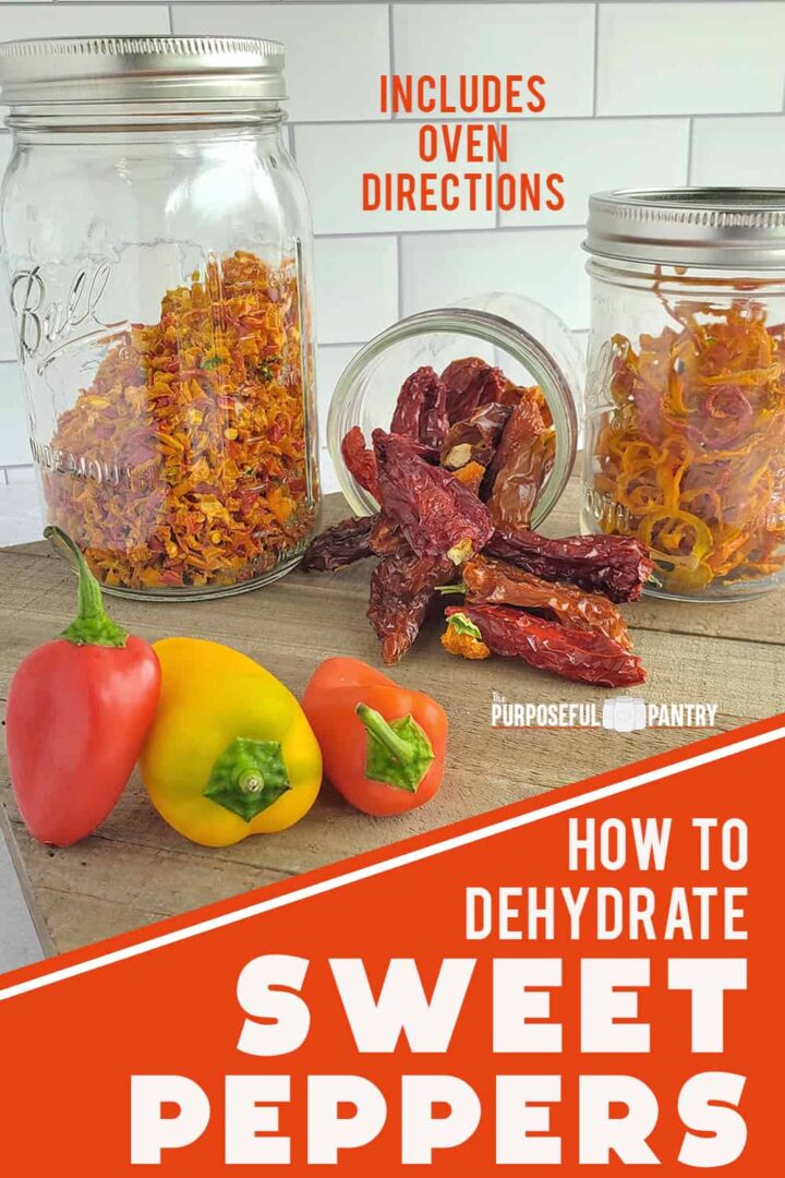 Mason jars of dehydrated sweet pepper dices, slices and whole on a wooden surface with fresh peppers in the foreground