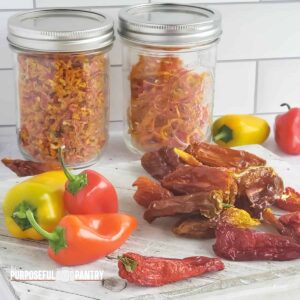 Mason jars of dehydrated sweet pepper dices, slices and whole on a wooden surface with fresh peppers in the foreground