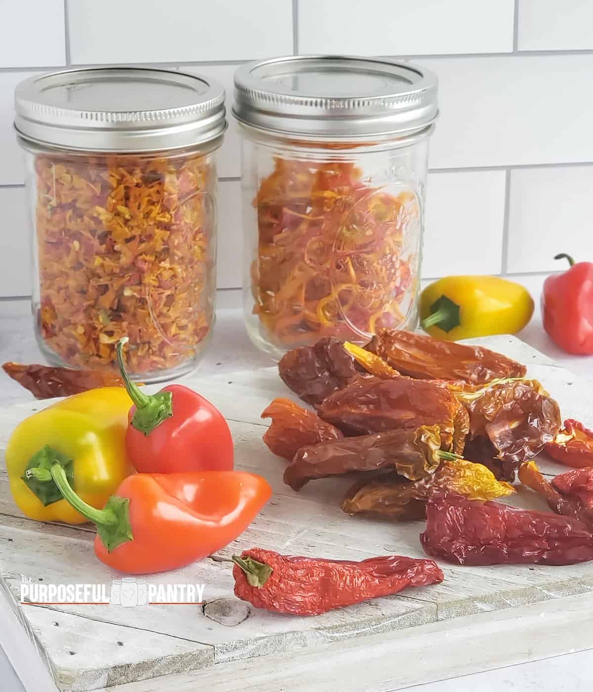 Mason jars of dehydrated sweet pepper dices, slices and whole on a wooden surface with fresh peppers in the foreground