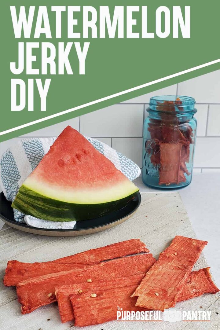 Watermelon slice on a blue plate with napkin and slices of dehydrated watermelon jerky