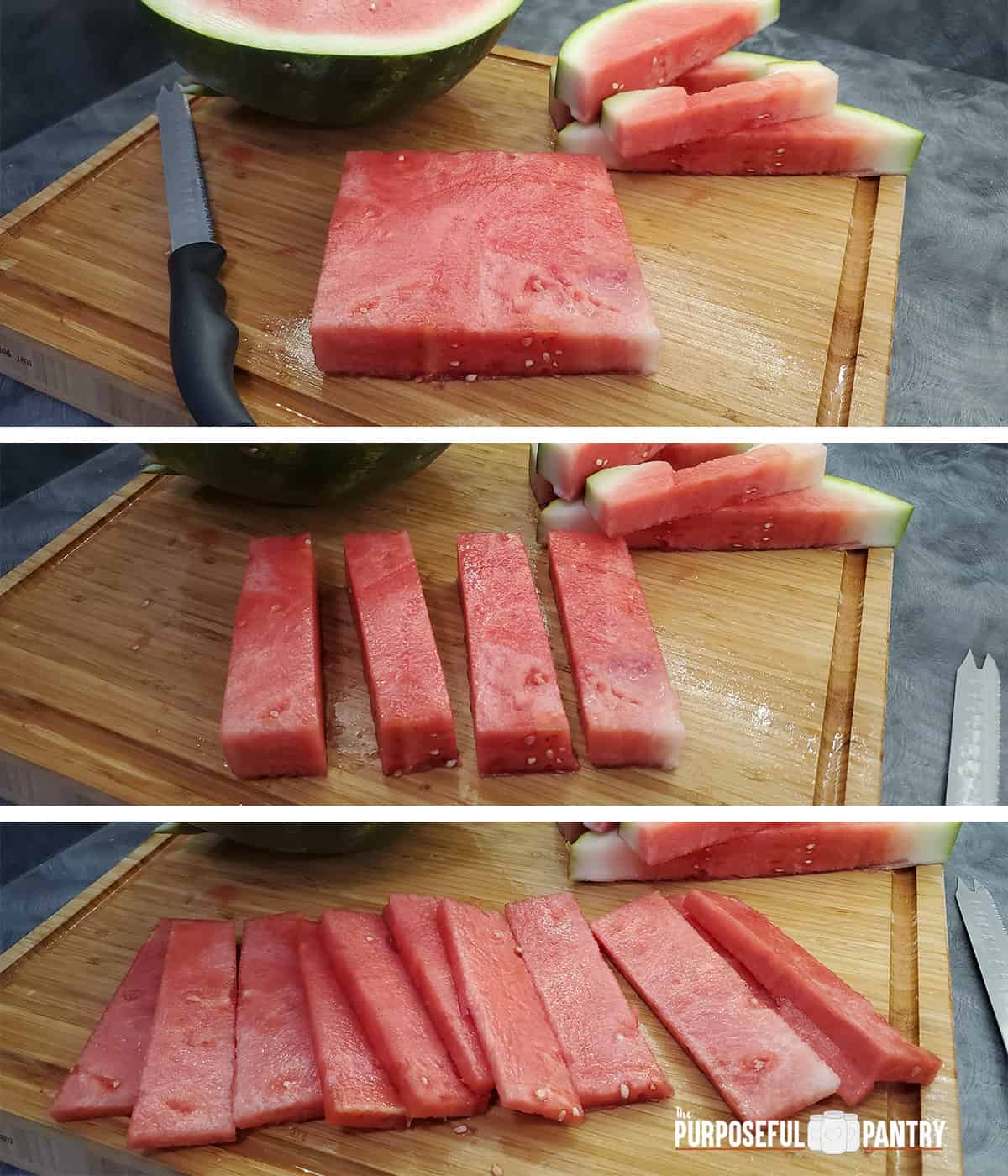 Cutting fresh watermelon into slabs in 3 steps for dehydrating