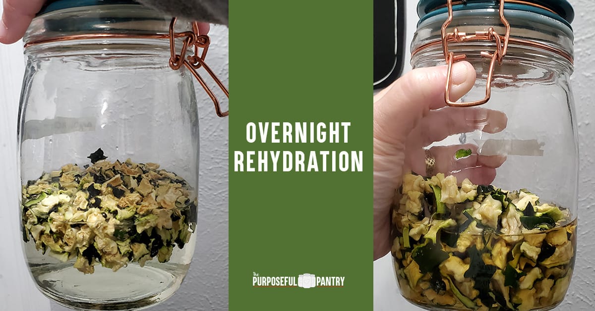 Overnight rehydration before and after of a jar of dehydrated zucchini