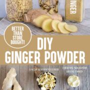 Jars of dried minced gigner, ginger slices, and ginger powder with fresh ginger laying on a white cutting board.