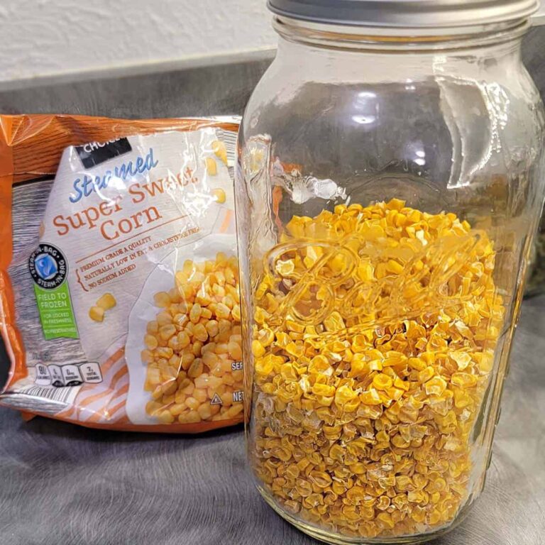 Bag of frozen corn and jar of dehydrated frozen corn