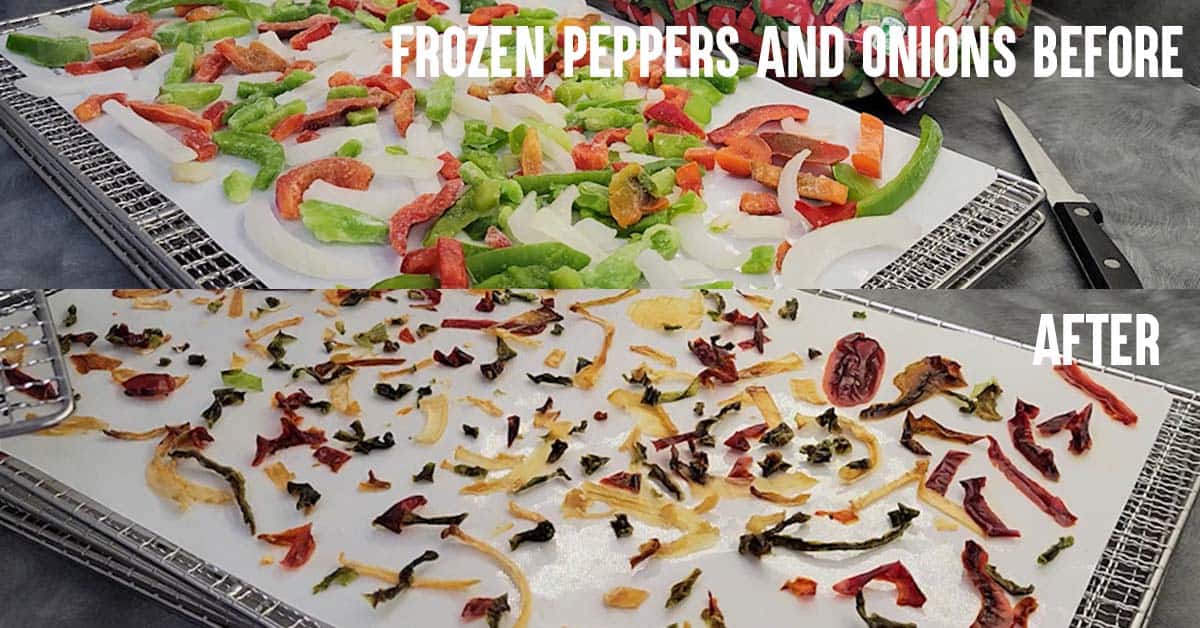 Frozen peppers and onions before and after dehydrating