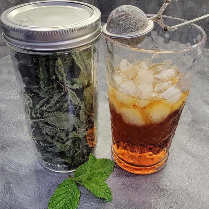 Dried mint in a jar with a glass of iced tea and a tea infuser full of dried mint for flavoring