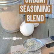 jar of mushroom seasoning blend, mushrooms and blend in a spoon