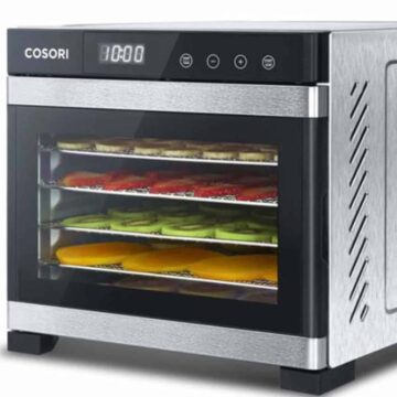 Cosori premium stainless steel dehydrator with dried fruit inside.