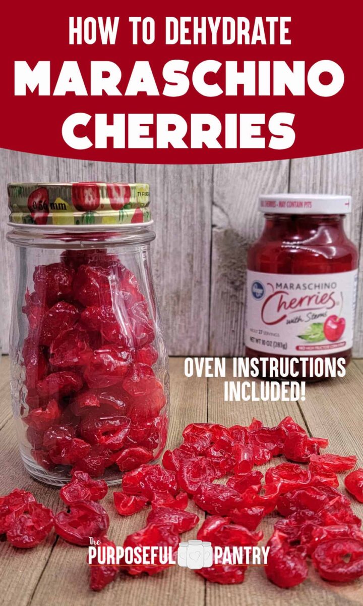 Jar of dehydrated maraschino cherries along with a commercial jar of them.