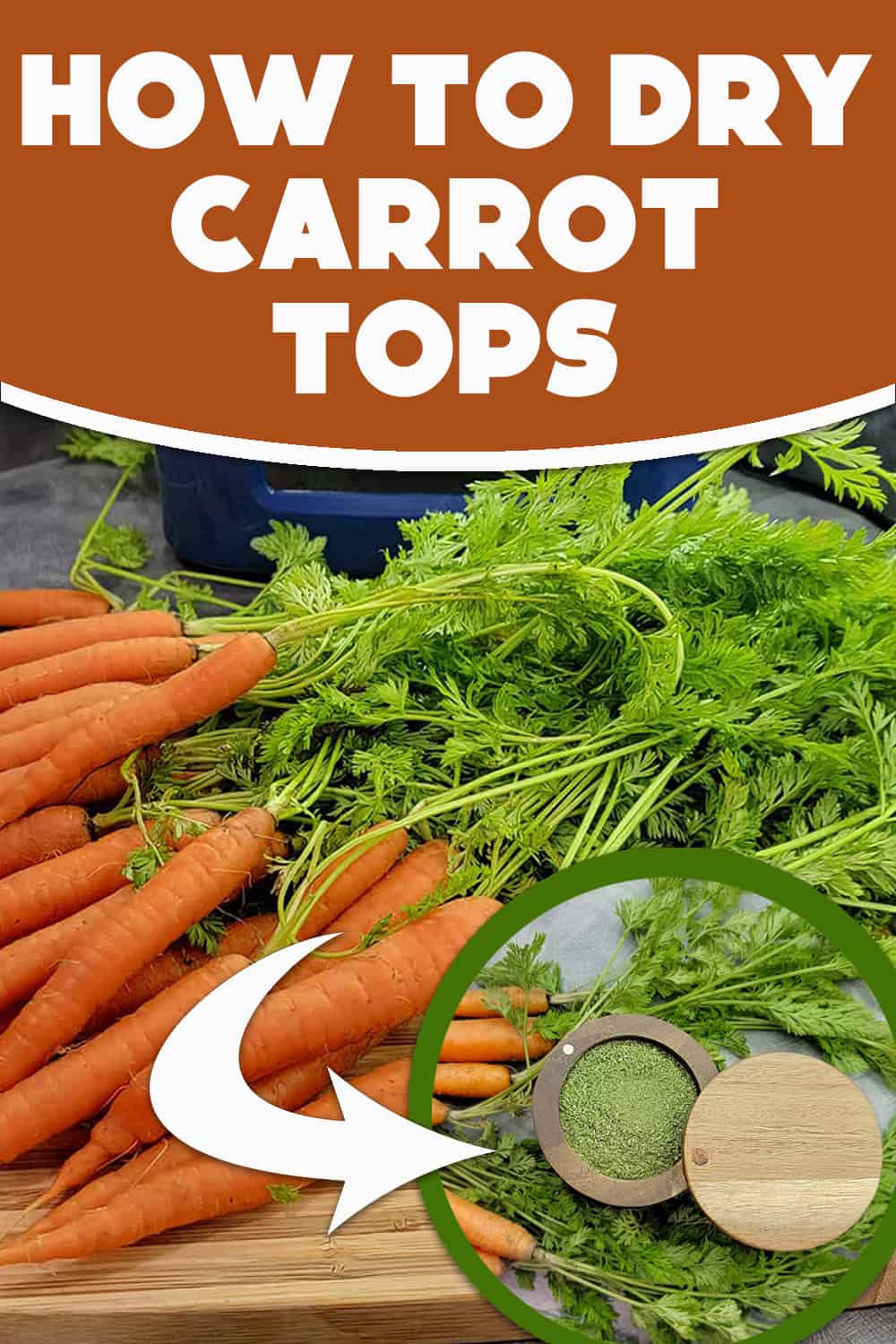 Carrot tops being made into green powder in this Pinterest image