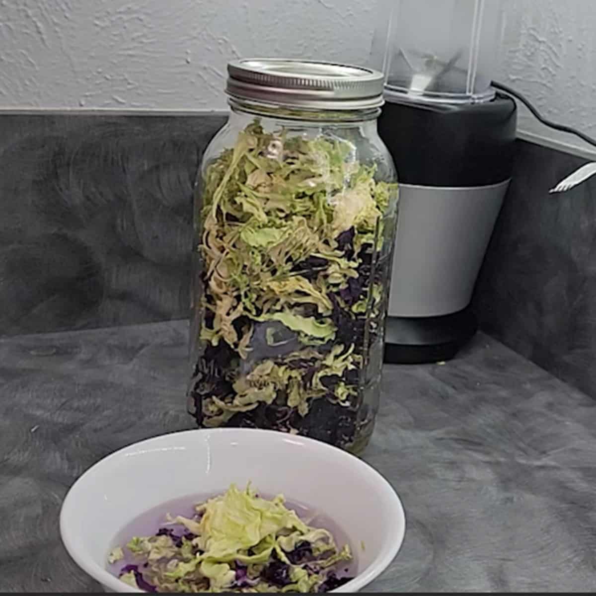 Dehydrated cabbage rehydrating in a bowl of water