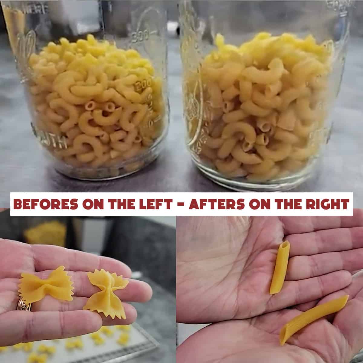 Before and after comparison of dehydrated pasta
