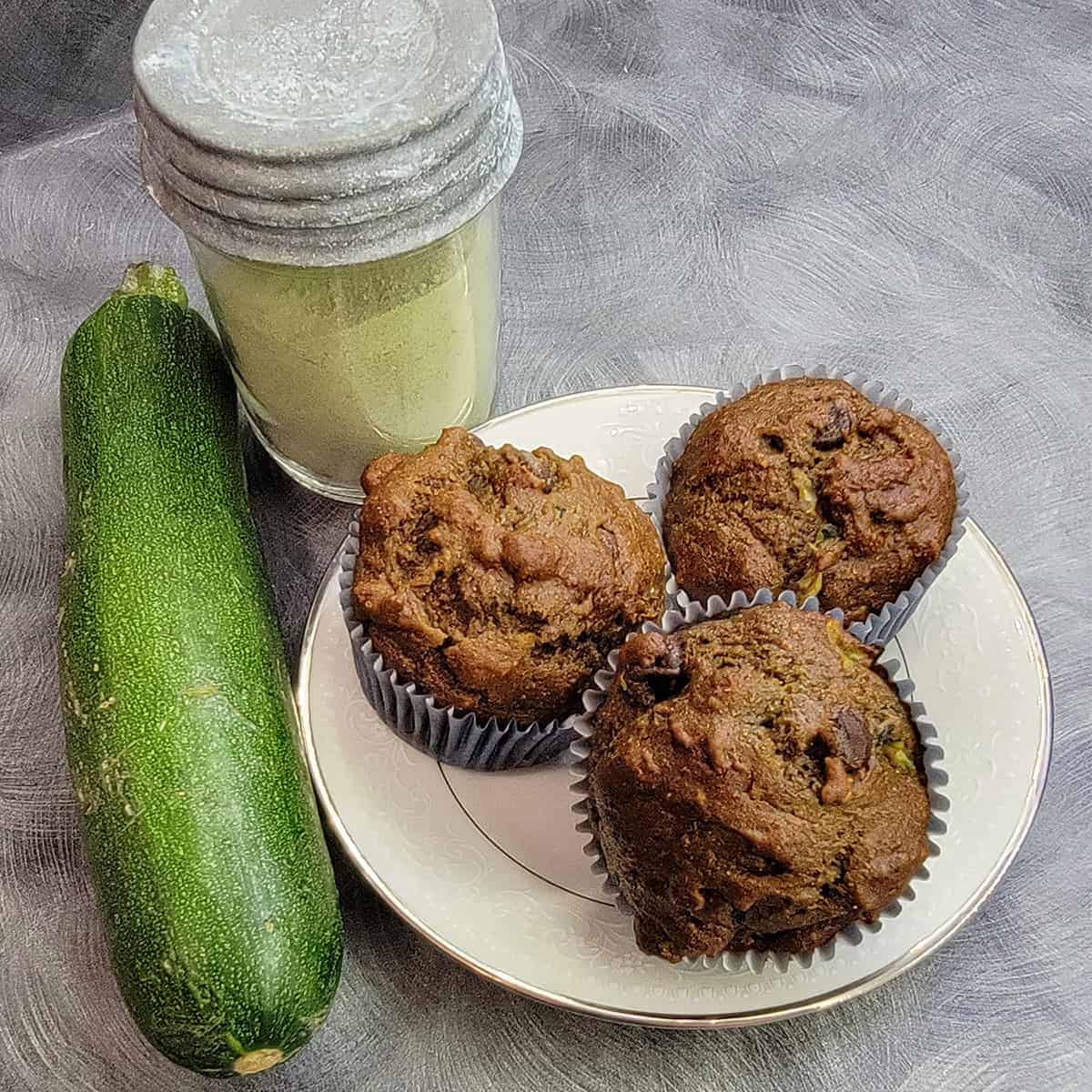 Fresh zucchini, zucchini flour and double chocolate zucchini muffins.