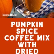 Pumpkin spice coffee mix in an orange coffee mug with pumpkins and a blue checked cloth on table.