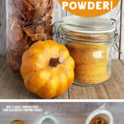 Pumpkin leather and powder in glass jars with conversion chart to rehydrate