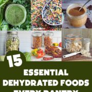 Images of the 15 essential dehydrated foods such as strawberries, herbs, greens, peppers, onions, and more.