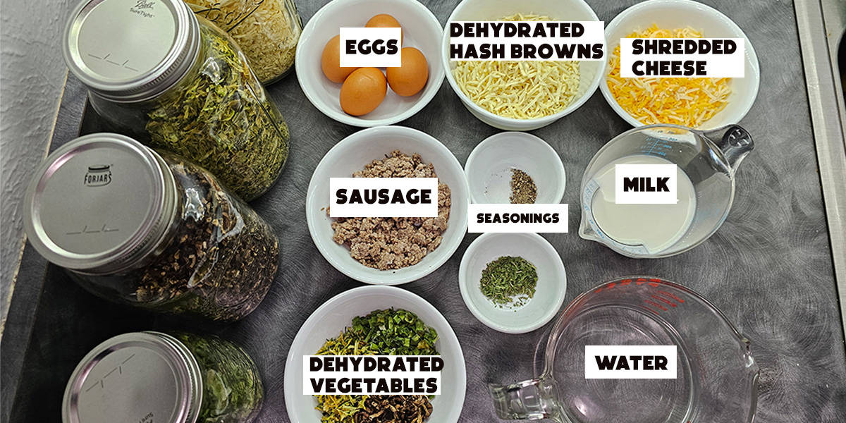 Ingredients for Hashbrown Breakfast Casserole with Dehydrated hash browns and vegetables.