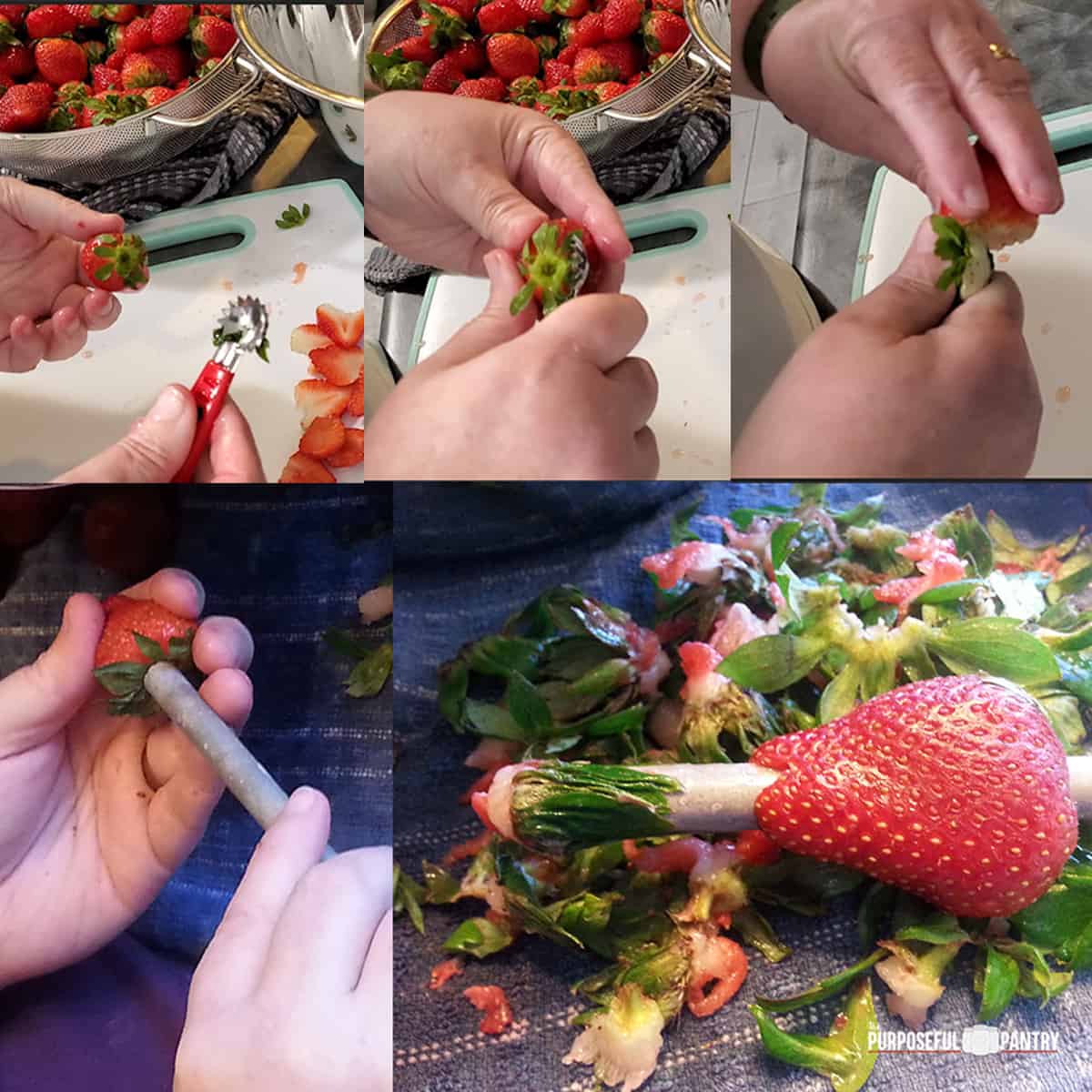 Hulling strawberries using the hulling tool method and the straw method.
