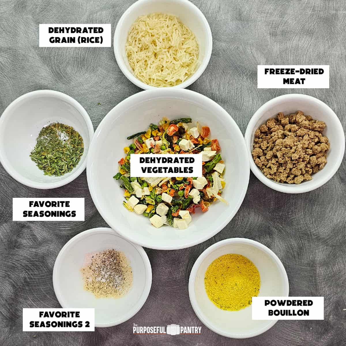 Ingredients in bowls for making instant beef and vegetable soup in a jar mix.