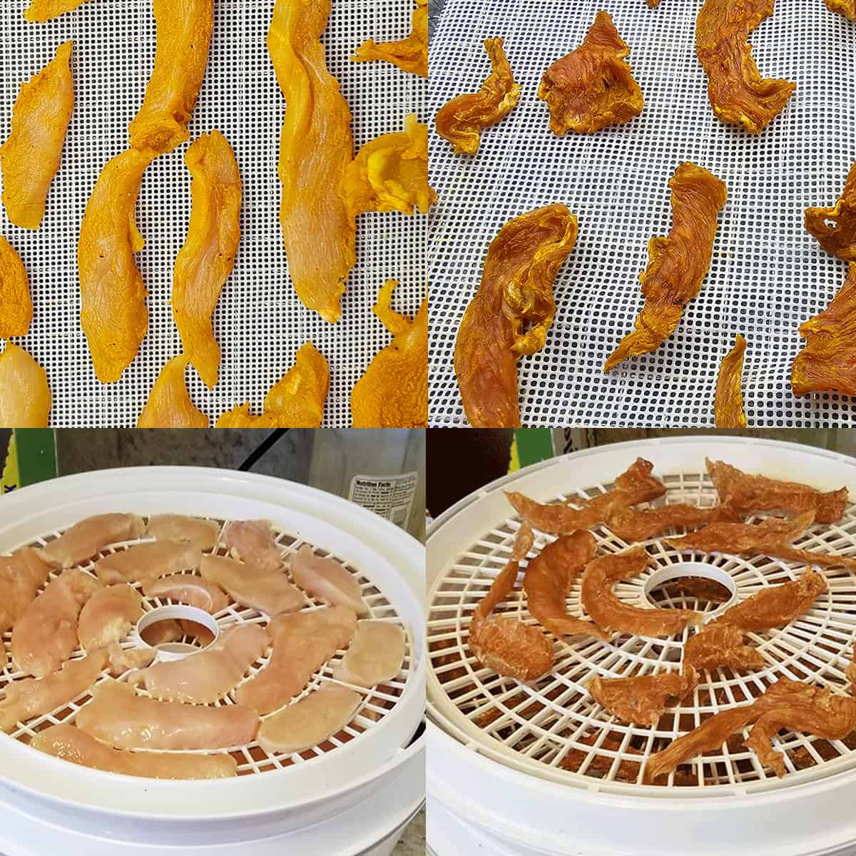 Chicken strips before and after dehydrating for chicken jerky treats for dogs