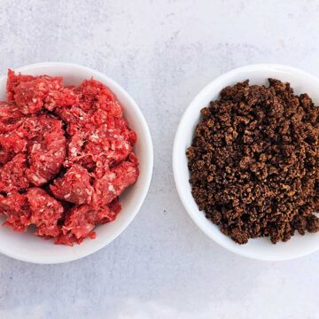 Bowl of raw ground beef (left) and one of dehydrated ground beef (right)