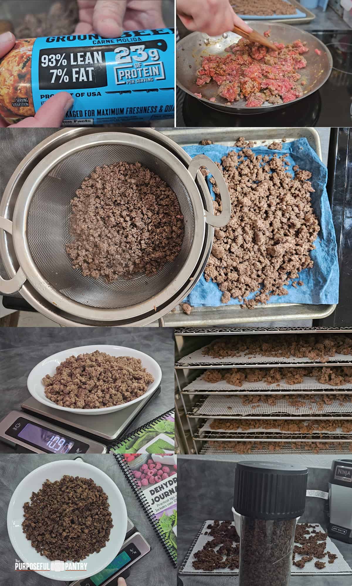 The step-by-step process of dehydrating ground beef from lean beef to cooking, weighing, dehydrating, and storing.