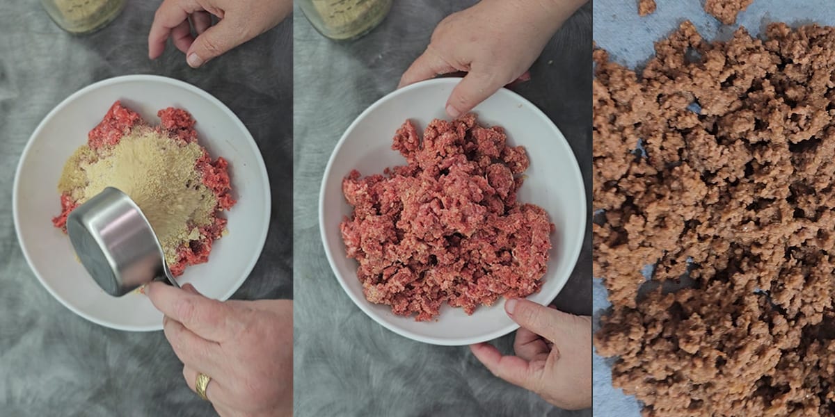 Adding breadcrumbs to a bowl of ground beef, kneading it in, then cooking to prepare them for dehydrating.