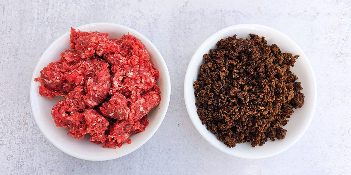 Bowl of raw ground beef (left) and one of dehydrated ground beef (right)