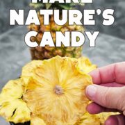 Dried pineapple slices that looks like a flower in front of fresh pineapple with text "Make Nature's Candy."