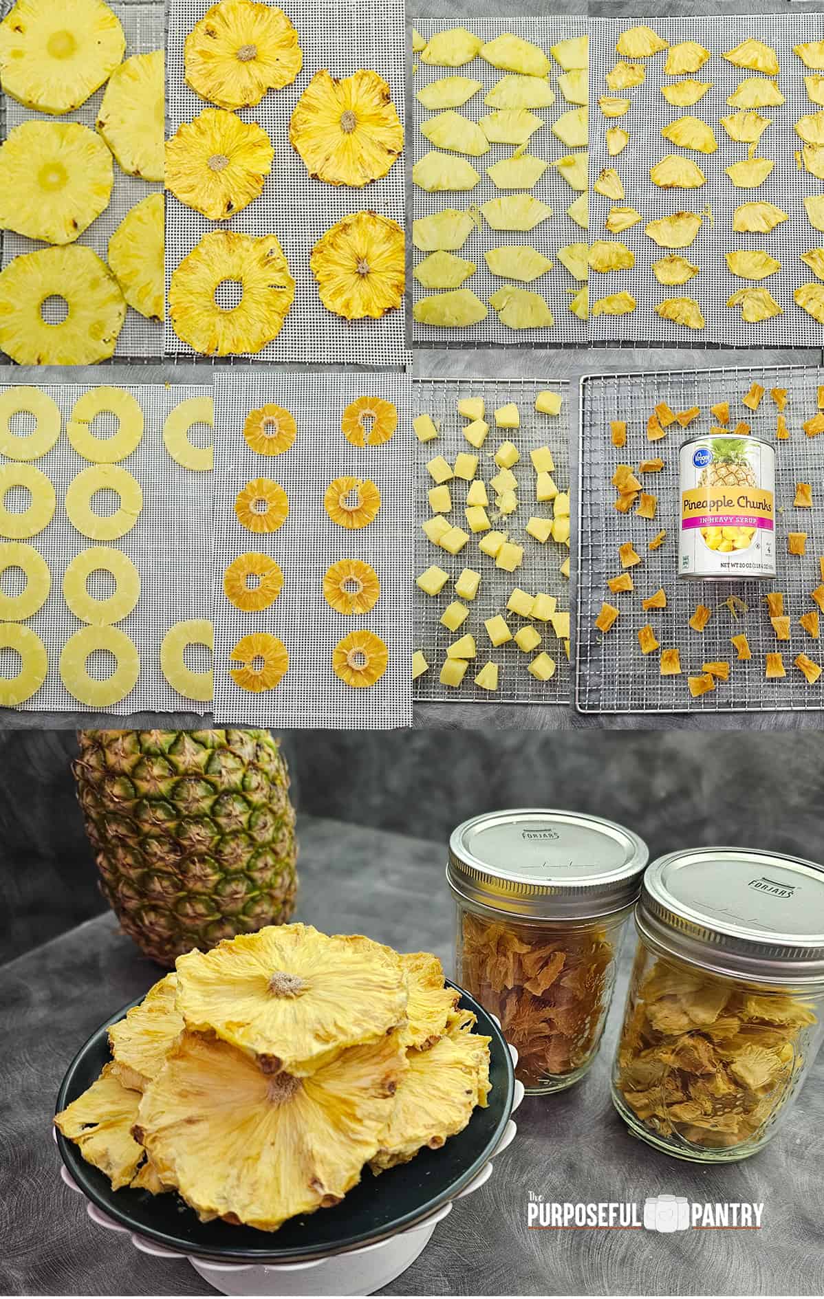 Before and after shots of dehydrating pineapple on Cosori dehydrator trays.