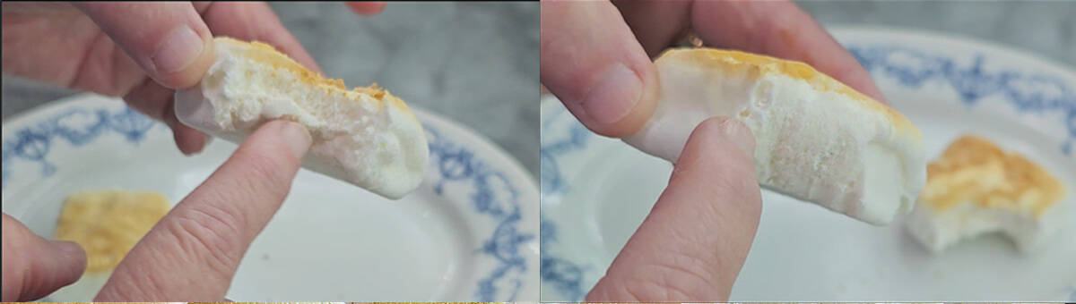 Showing difference between a gummy dehydrated marshmallow, and one that is dried and cooled long enough to test.