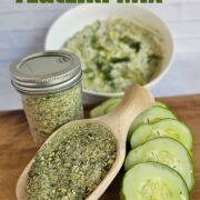 Pinterest image showing dried tzatziki mix, fresh cucumbers, and a bowl of tzatziki.