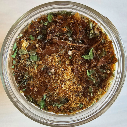 Bulk French Onion Dip spice mix in a jar from overhead.