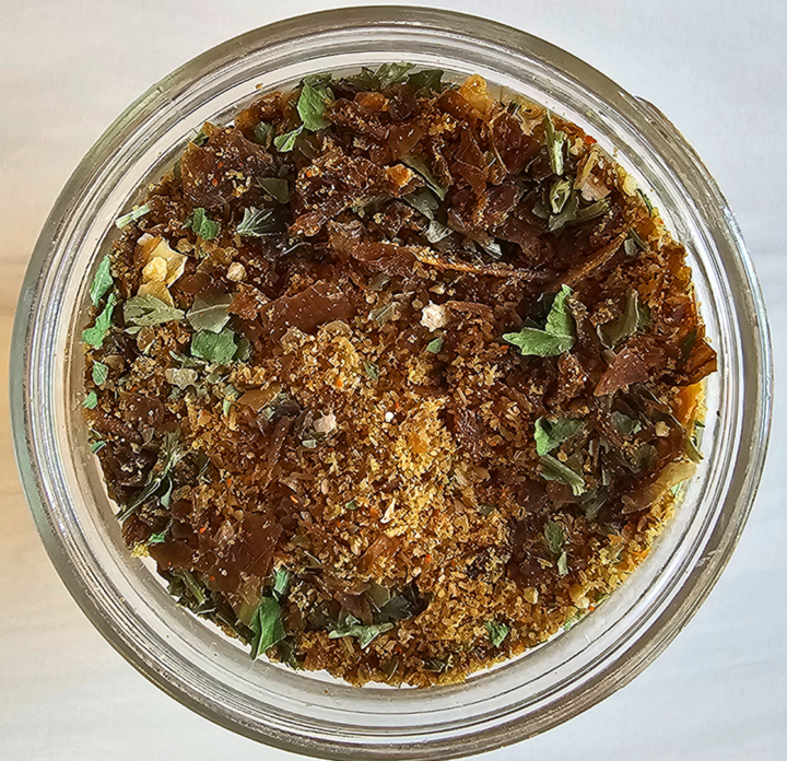 Bulk French Onion Dip spice mix in a jar from overhead.