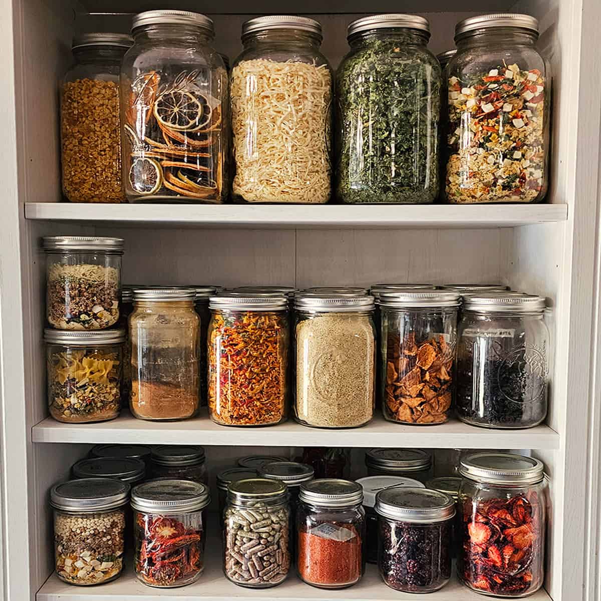 Pantry full of canning jars filled with dehydrated foods