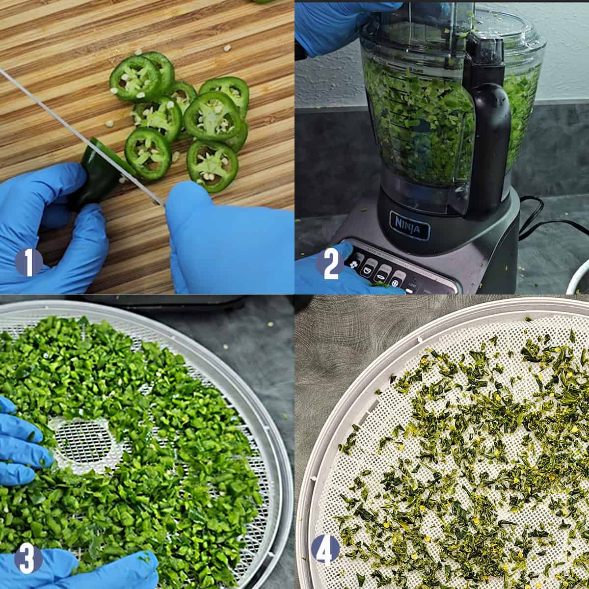 Step by Step process of cutting, dicing and drying jalapenos.