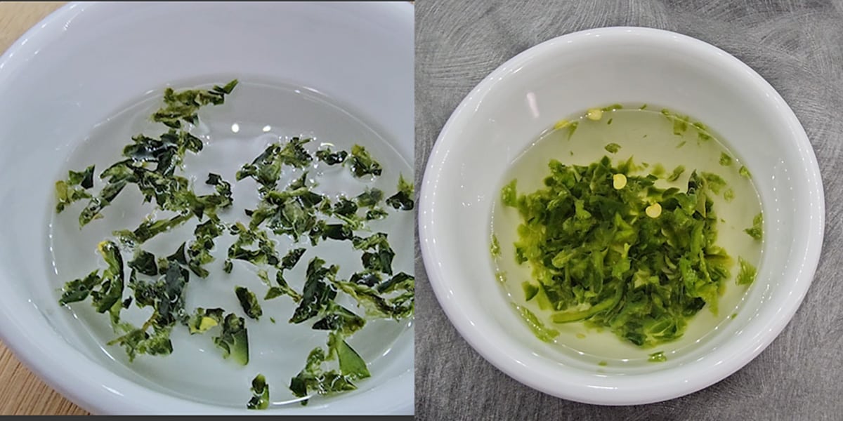 A bowl of dried jalapenos and a bowl of rehydrated jalapenos.