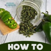 Fresh jalapenos surrounding a jar of dehydrated jalapenos with text, "How to Dehydrate Jalapenos."