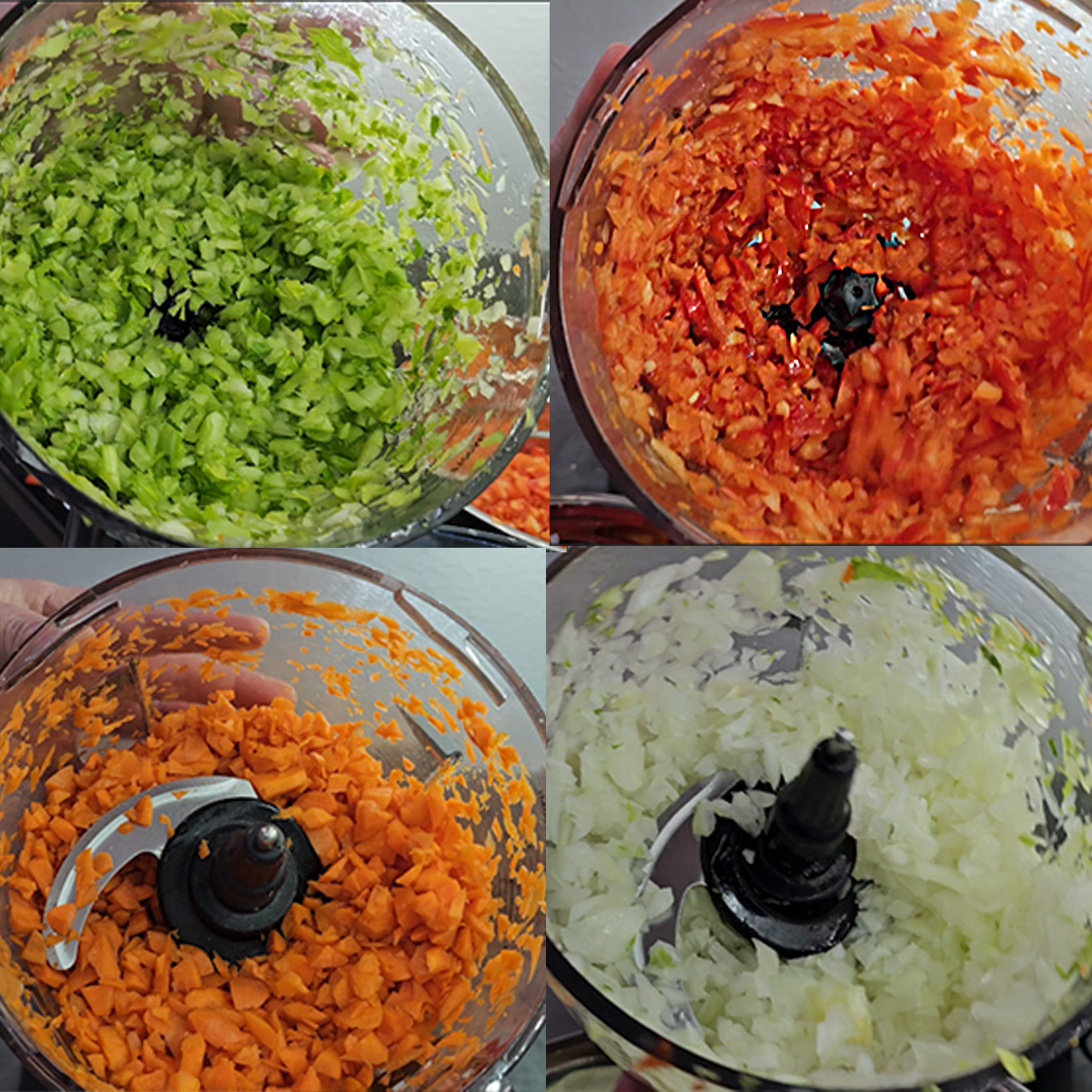 Four pictures of chopped vegetables in a food processor.