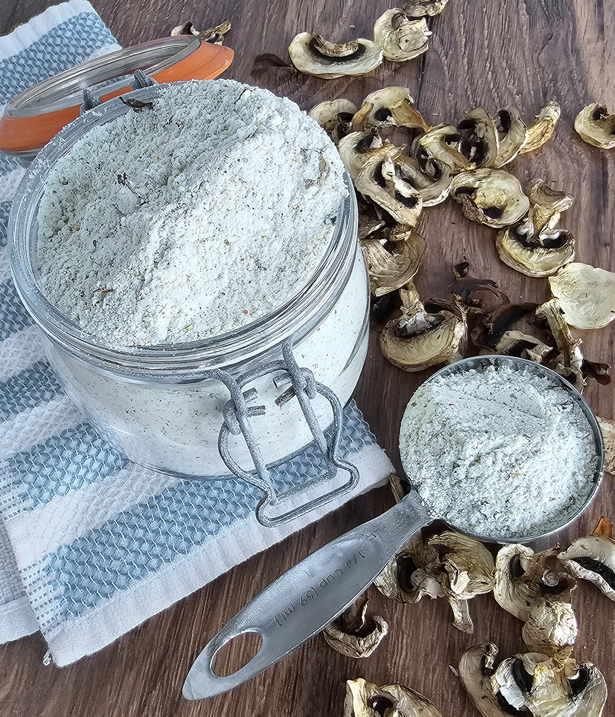 A jar of cream of mushroom soup mix next to a spoon and some dried mushrooms.