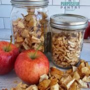 Dried apple chips with fresh apples on a table and text overlay "Dehydrate Apples: So quick and easy to do!"