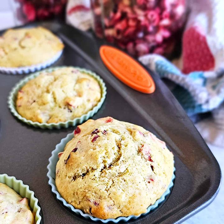 Cranberry muffins in a pan with dried cranberries.