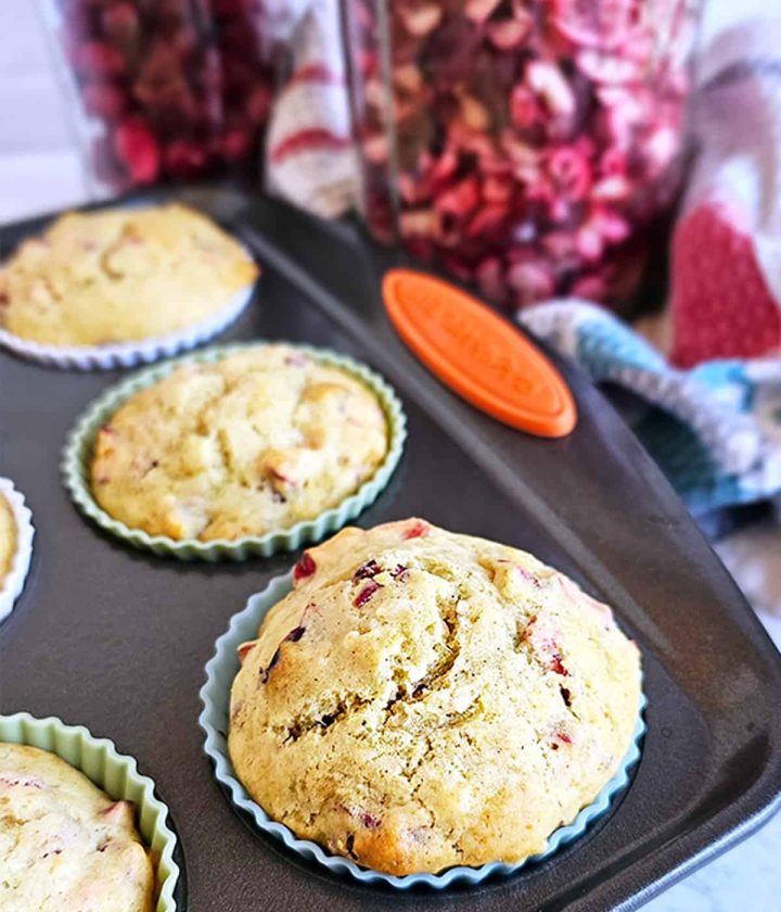 Cranberry muffins in a muffin tin next to a jar of dried cranberries.