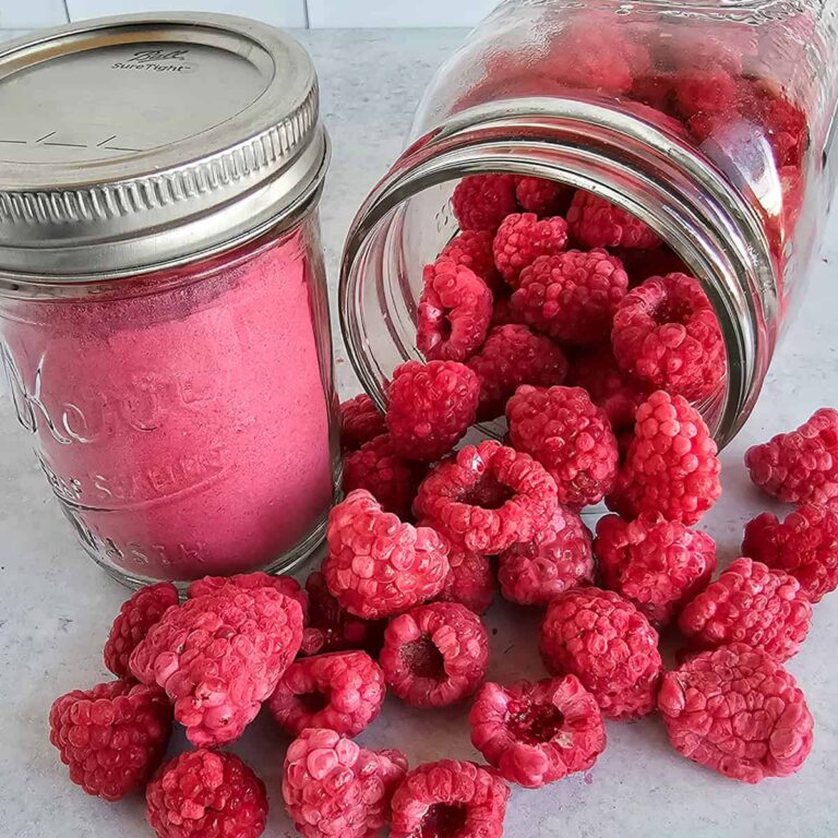 Freeze-dried raspberries in a mason jar with a jar of raspberry powder.