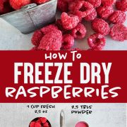 Freeze dried and fresh raspberries, and a yield illustrated with measuring cups.