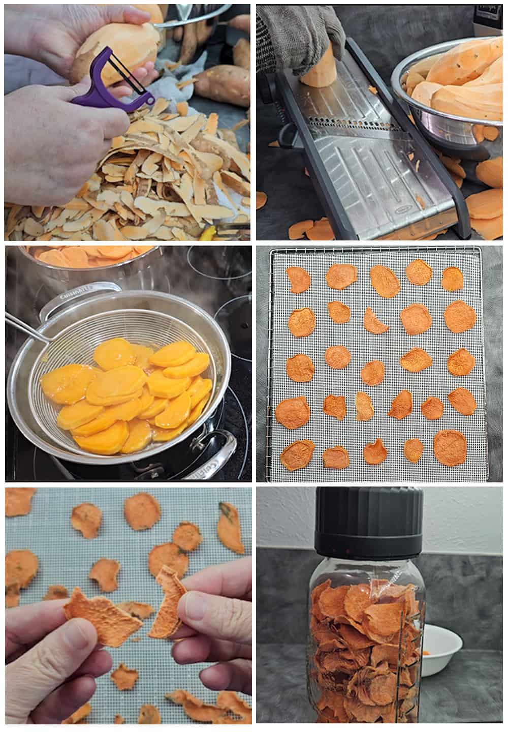 A collage of pictures showing how to make sweet potato chips.