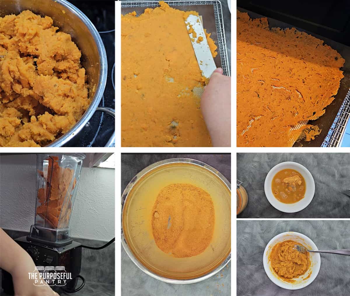 A series of pictures showing how to dehydrate mashed sweet potato.
