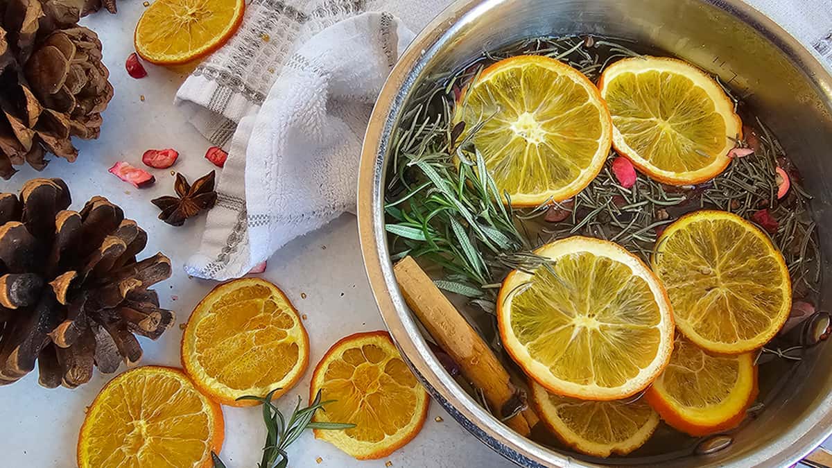 A pot filled with orange slices and pine cones.