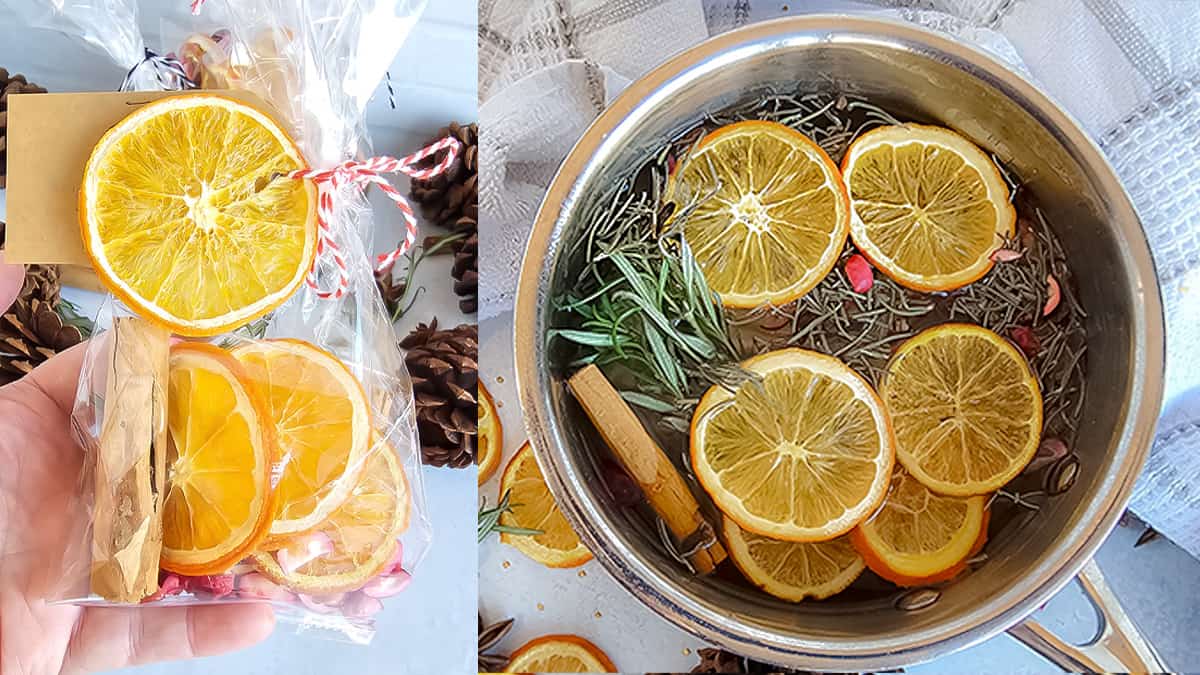 A pot with orange slices and cinnamon sticks in it.